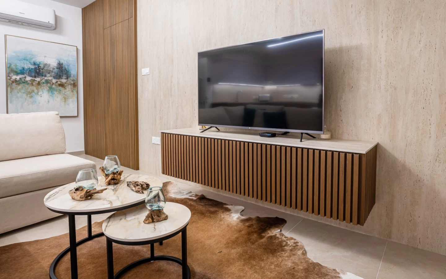 Atkas Plan Tavertino Sand Effect Stoneware Large Slabs Living Room Wall Cladding Clamp